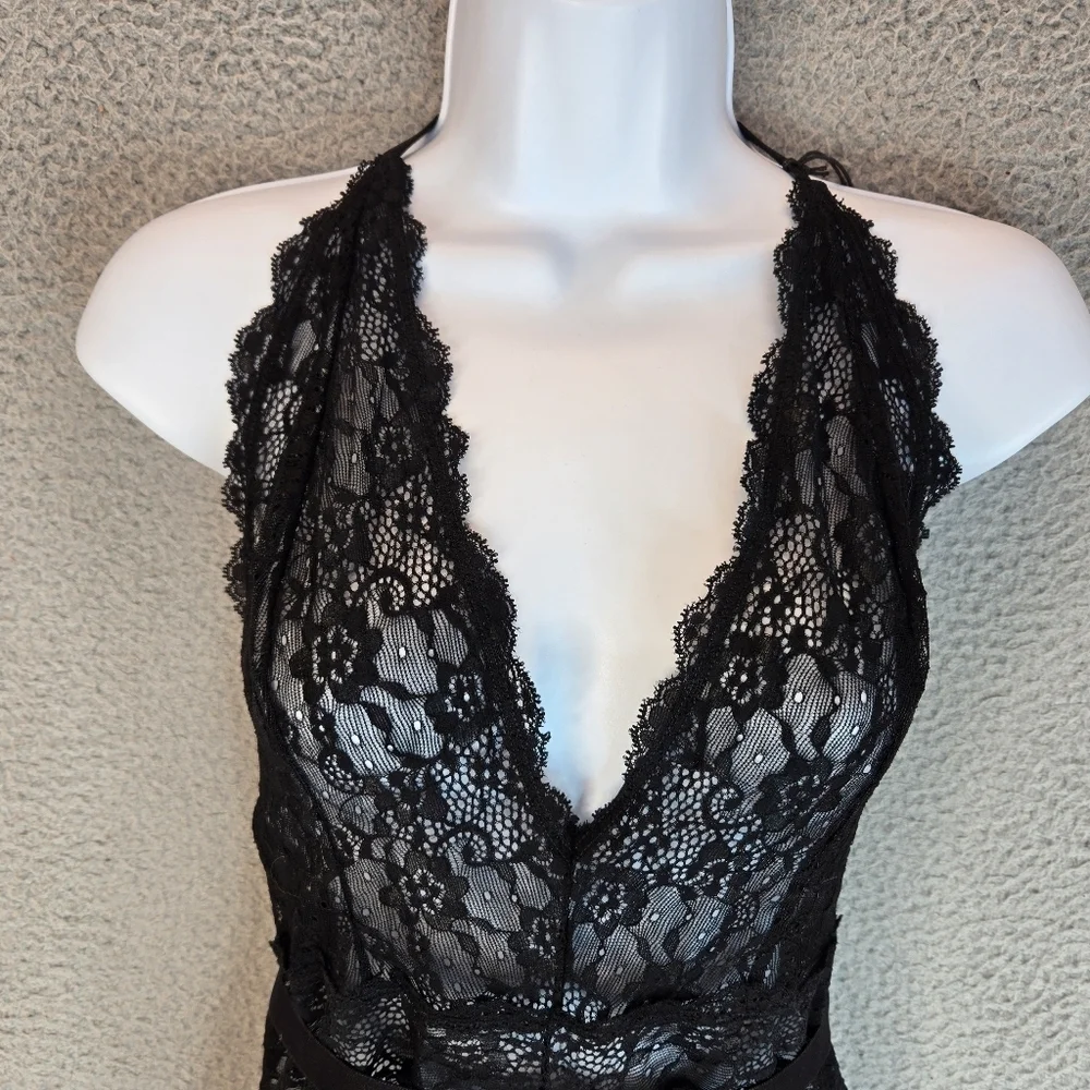Mapale Womens Crotchless Bodysuit Lingerie Sz L Halter Tie Sexy Sheer